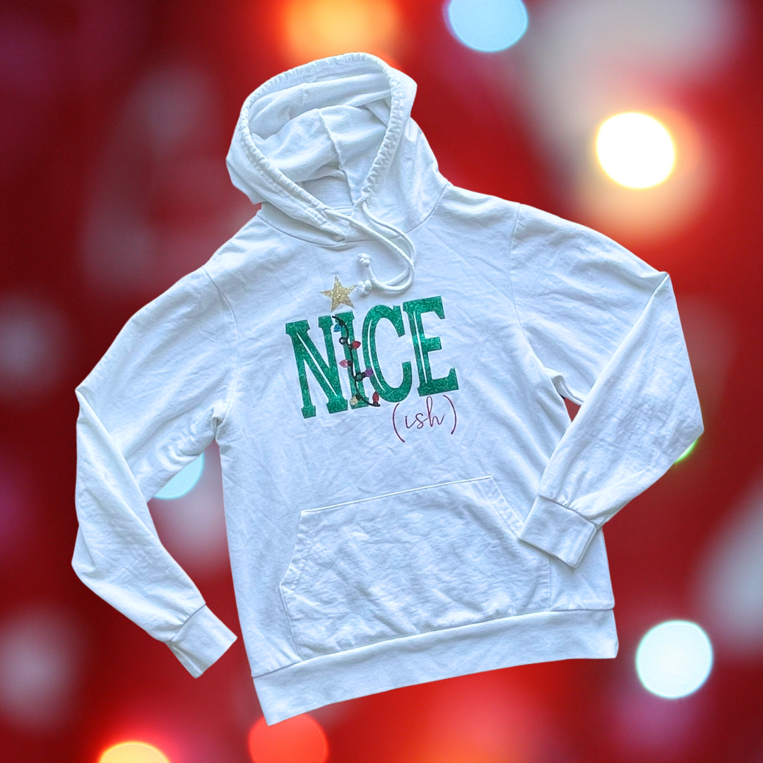 $5 CHRISTMAS COLLECTION: "Nice-ish" White Hoodie Sweatshirt, Women's Size Small