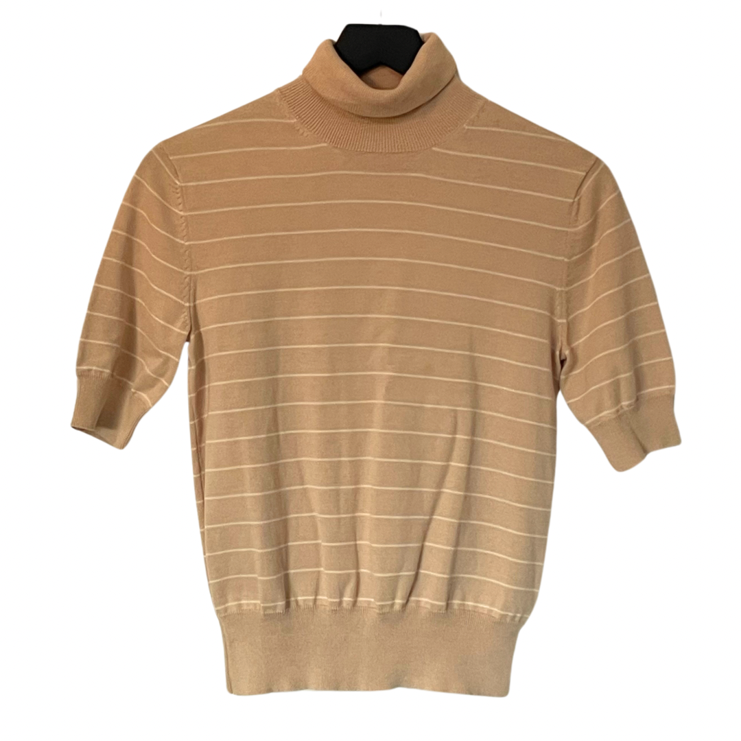 Eddie Bauer Tan/White Striped Short-Sleeved Lightweight Turtleneck Sweater, Size Small