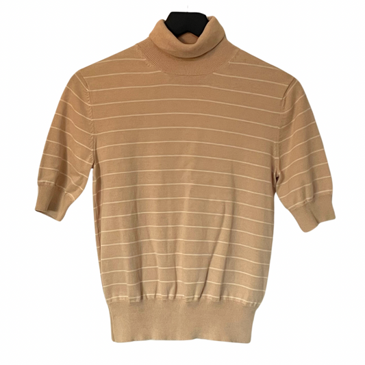 Eddie Bauer Tan/White Striped Short-Sleeved Lightweight Turtleneck Sweater, Size Small