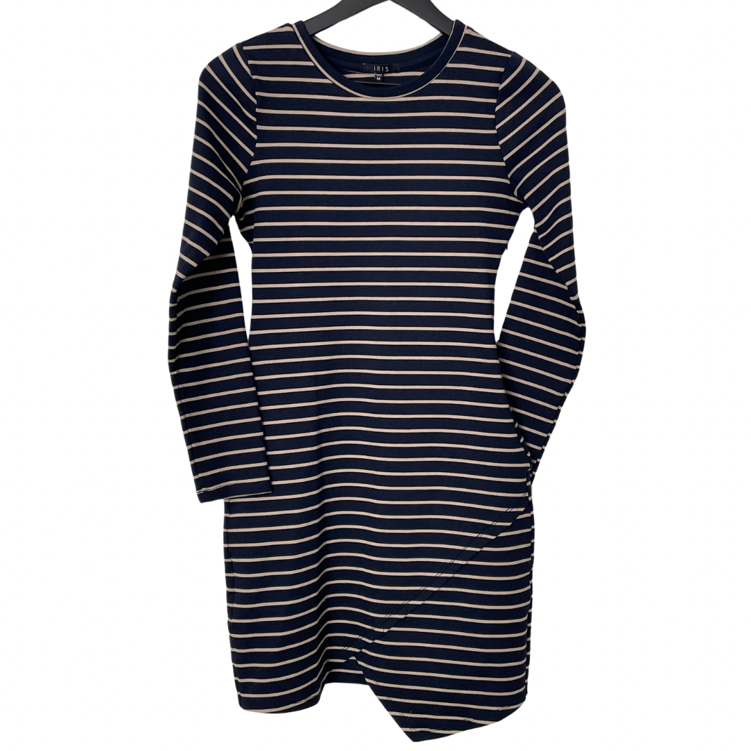 IRIS Navy Blue & Tan Striped Asymmetrical Long-Sleeved Dress, Petite Size Medium