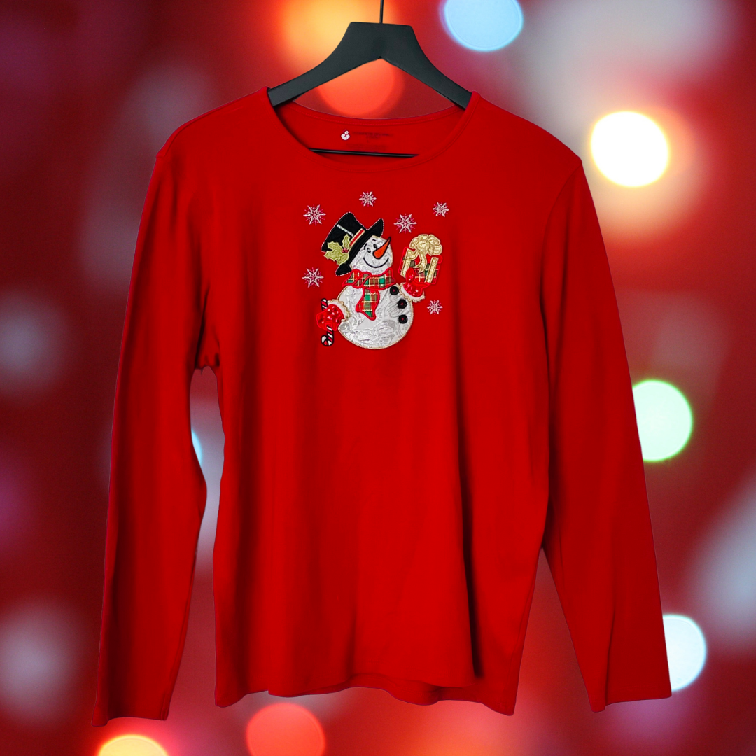 $5 CHRISTMAS COLLECTION: Red Long-Sleeved Shirt with Sparkly Snowman, Size Large