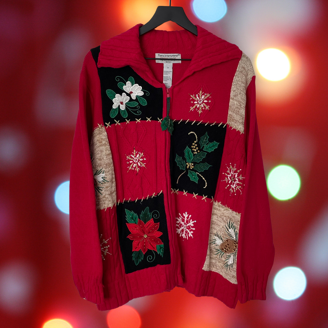 $5 CHRISTMAS COLLECTION: Patchwork Style Zippered Christmas Cardigan, Size XXL