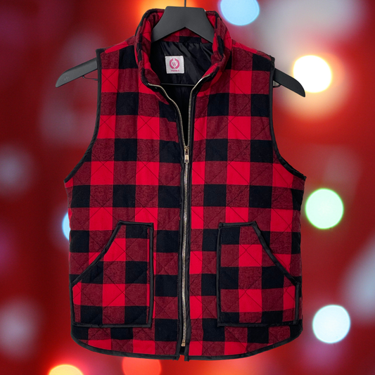 $5 CHRISTMAS COLLECTION: Red & Black Plaid Quilted Vest, Size Small